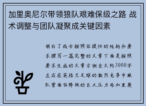 加里奥尼尔带领狼队艰难保级之路 战术调整与团队凝聚成关键因素